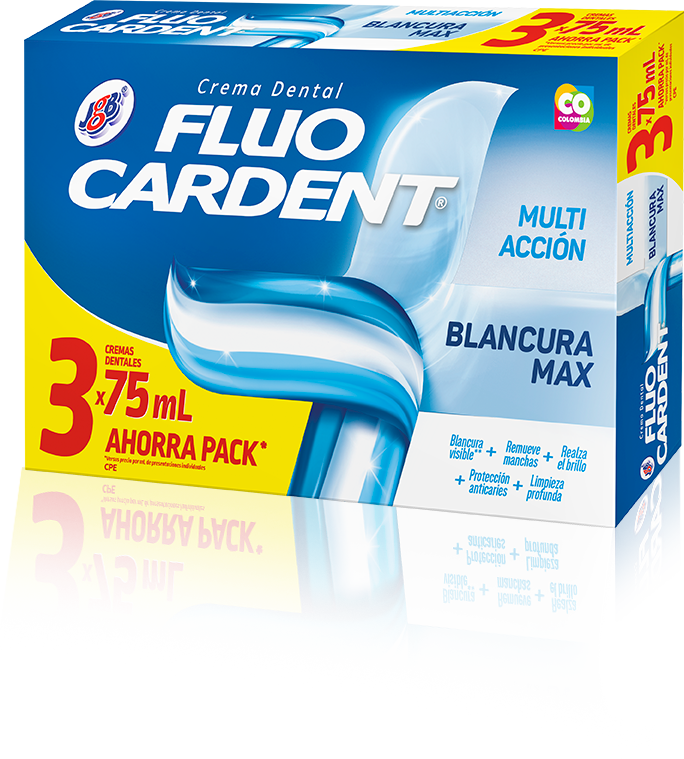 Crema dental Fluocardent de JGB, Multi Acción Blancura Max, recupera el blanco de tus dientes y te protege contra la caries.